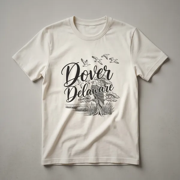 Black sketch art t-shirt featuring the words "Dover Delaware" in script, an eagle on a tree, and flying ducks above a grassy marsh.
