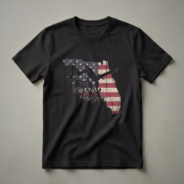 Black graphic t-shirt featuring the outline of Florida filled with a distressed American flag, a flying eagle silhouette, and tree roots.