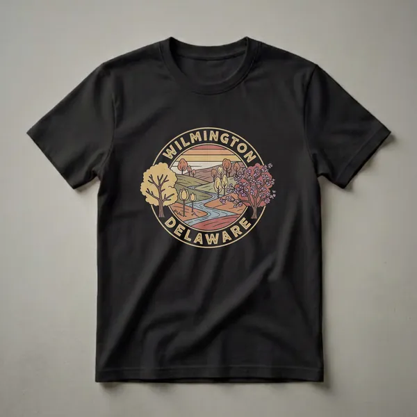 Black t-shirt featuring a circular retro graphic of Wilmington, Delaware, with a landscape of hills, a river, trees, and a sunset.