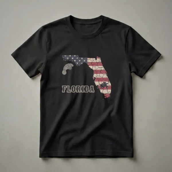 Black t-shirt with a distressed American flag graphic in the shape of Florida, featuring a manatee and a sea turtle, and the word FLORIDA in collegiate font.