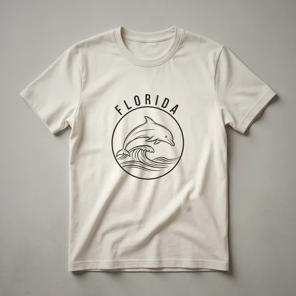 Black line art graphic on a shirt featuring a dolphin jumping over a wave, with the word FLORIDA arched above within a circle.