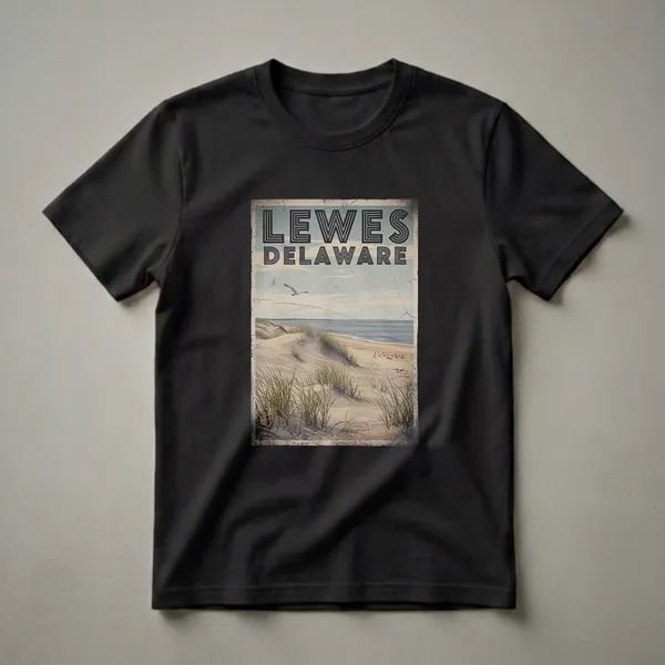 Retro graphic t-shirt featuring the words 'LEWES DELAWARE' above a vintage illustration of a beach with sand dunes, grass, the ocean, and seagulls.