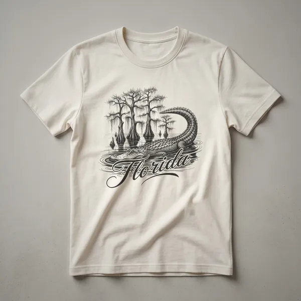 Black line art graphic t-shirt featuring an alligator in a swamp with cypress trees and the word "Florida" in script.