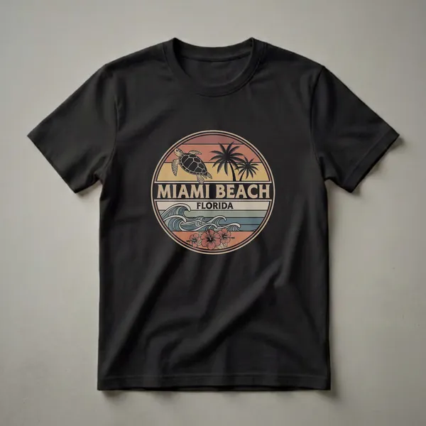 Black t-shirt with a circular retro graphic design featuring a sea turtle, palm trees, ocean waves, hibiscus flowers, and the text 'MIAMI BEACH FLORIDA'.