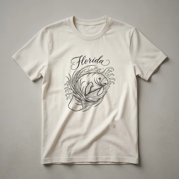 Black t-shirt with a line art sketch of a manatee swimming in stylized waves and sea grass, with the word 'Florida' in script above.