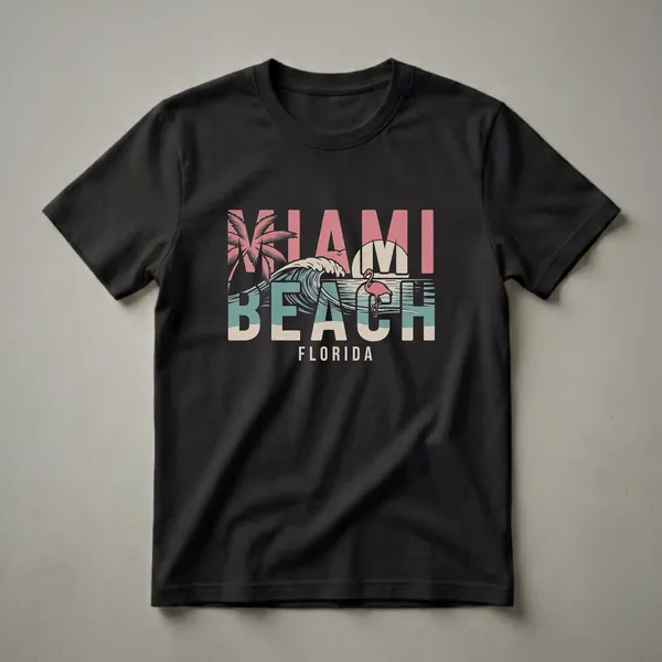 Black t-shirt with a retro graphic design featuring the words Miami Beach Florida, a palm tree, a crashing wave, a sun, and a flamingo.