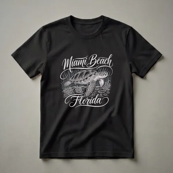Black t-shirt with a vintage graphic design featuring a sea turtle swimming near coral and seagrass, with 'Miami Beach Florida' written in script.