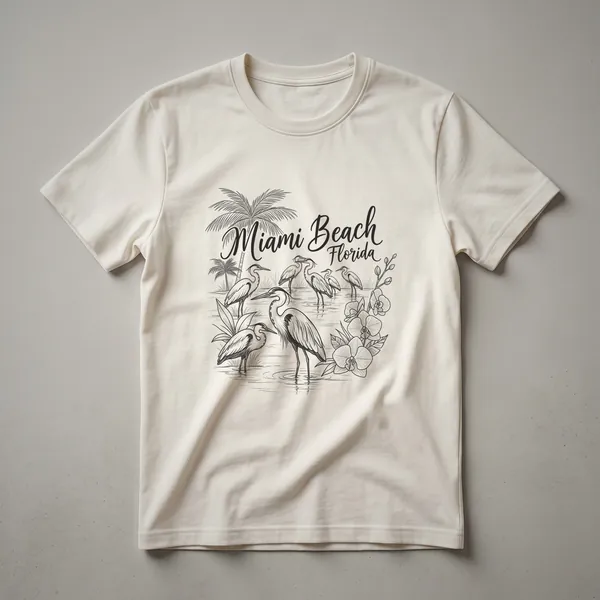 Black line art sketch on a t-shirt depicting several herons in water, palm trees, and orchids, with the text 'Miami Beach Florida'.