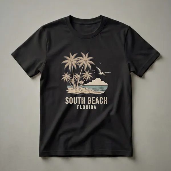 Black t-shirt featuring a retro graphic of palm trees, a beach, ocean, clouds, and a pelican in flight, with 'SOUTH BEACH FLORIDA' text below.