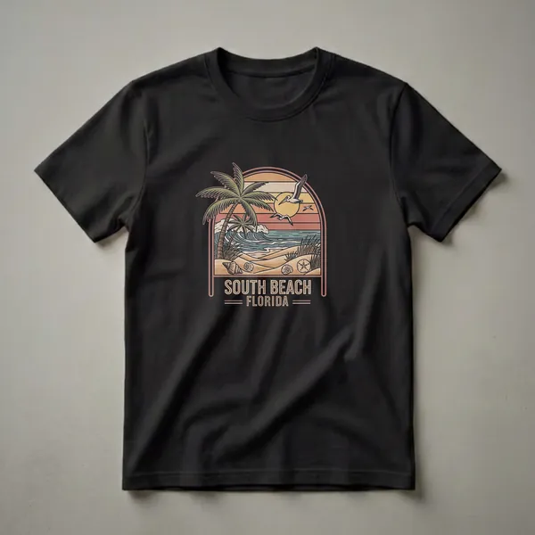 Black t-shirt featuring a retro graphic design of South Beach, Florida, with a sunset, palm trees, ocean waves, pelicans, and seashells.