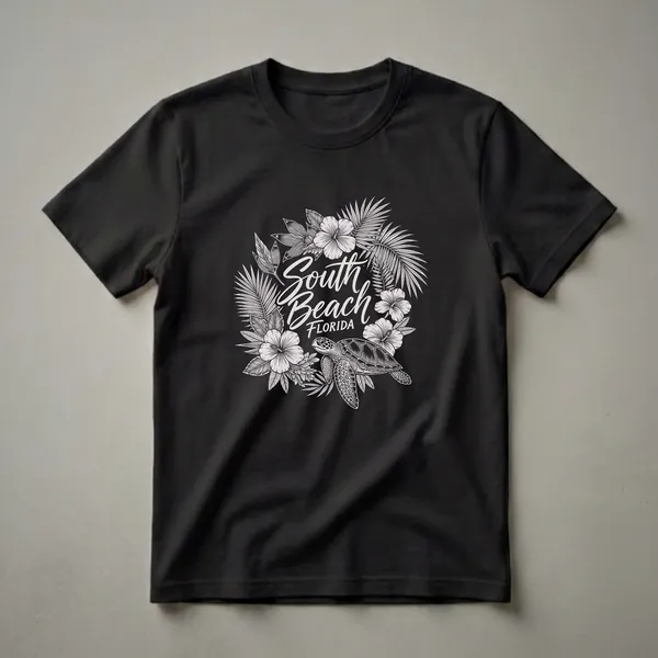 Black t-shirt with a circular vintage design featuring a sea turtle, hibiscus flowers, palm fronds, and the text 'South Beach Florida'.