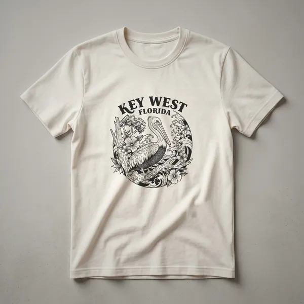 Black t-shirt with a charcoal grey sketch art design of a pelican, hibiscus flowers, and waves, with 'Key West Florida' text.