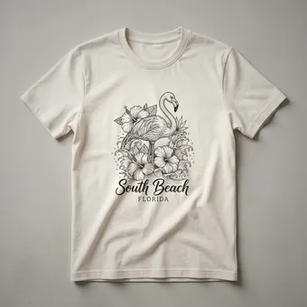 South Beach Florida Flamingo and Hibiscus Sketch Art T-Shirt