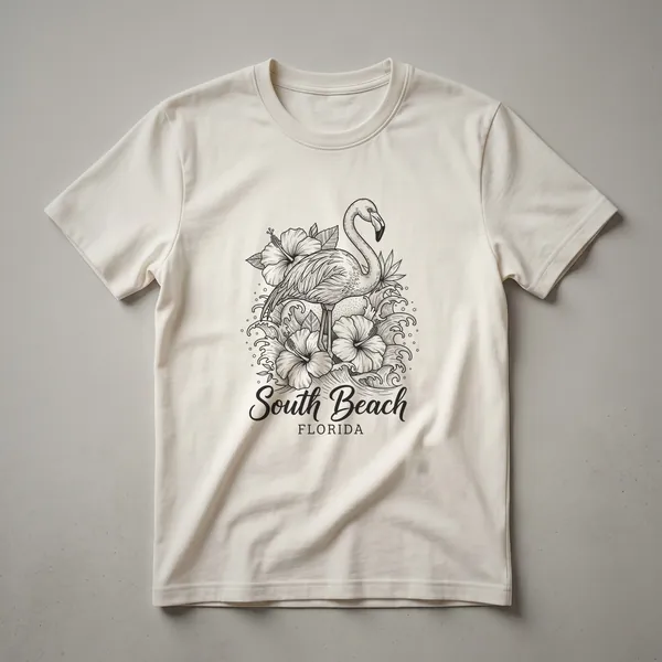 Black graphic t-shirt featuring a line art sketch of a flamingo with hibiscus flowers and waves, with 'South Beach FLORIDA' text below.