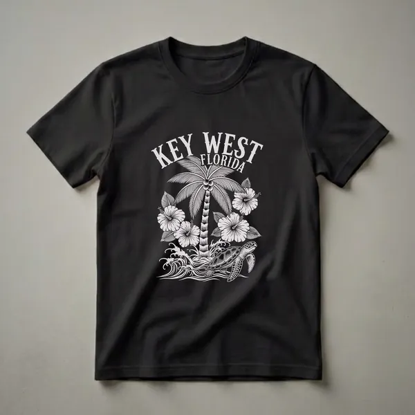 Black t-shirt with a vintage white graphic featuring 'KEY WEST FLORIDA' text, a palm tree, hibiscus flowers, ocean waves, and a sea turtle.