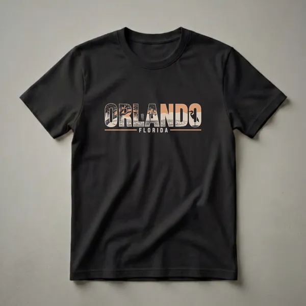 Black t-shirt with a retro graphic design that spells out ORLANDO, featuring a swamp scene with cypress trees and a heron, and the word FLORIDA below.