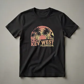 Retro Key West Florida Sunset Palm Tree Pelican Graphic T-Shirt