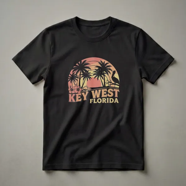 Black t-shirt featuring a retro Key West Florida sunset design with silhouetted palm trees, hibiscus flowers, a pelican on a branch, a conch shell, and distressed text.