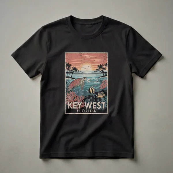 A retro graphic t-shirt design featuring a Key West sunset scene with a sea turtle, tropical fish, palm trees, and coral.