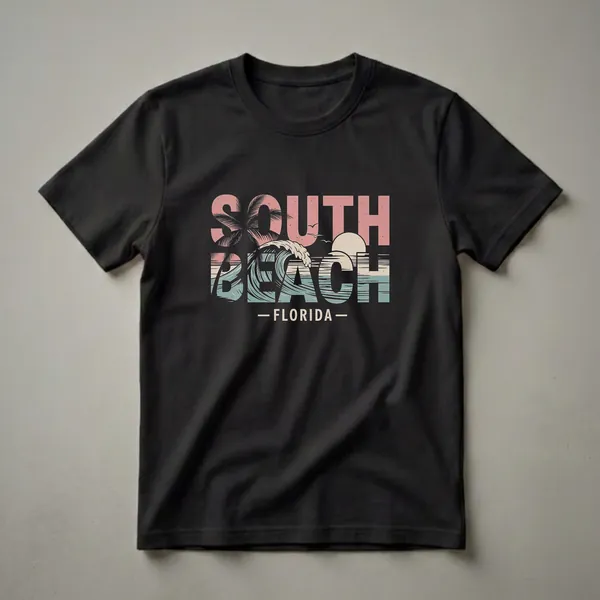 Black t-shirt with a retro graphic design that reads 'SOUTH BEACH FLORIDA' with a stylized ocean wave, palm tree, and sunset in muted pink, teal, and cream colors.