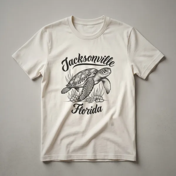 Black graphic t-shirt featuring a line art drawing of a sea turtle swimming underwater with coral and seaweed, and the words 'Jacksonville' and 'Florida' in script.