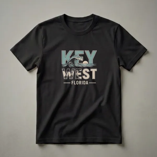 Black t-shirt with a retro graphic design for Key West, Florida, featuring a large breaking wave, a sunset over the ocean, and mangrove roots within the text.