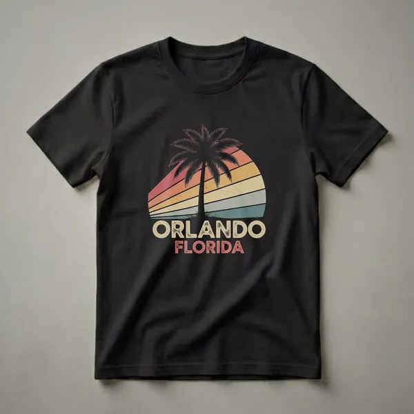 Black t-shirt with a retro graphic featuring a black palm tree silhouette against a striped sunset in red, orange, yellow, and teal, with "ORLANDO FLORIDA" text below.