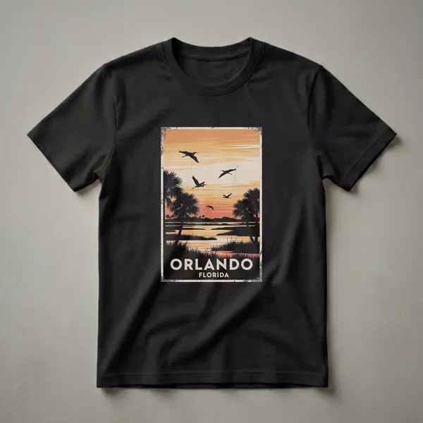 A retro graphic t-shirt featuring a black silhouette of palm trees and birds flying over a marsh at sunset, with 'ORLANDO FLORIDA' text at the bottom.
