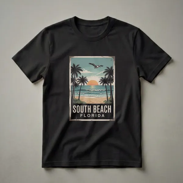 Retro graphic t-shirt featuring a South Beach, Florida sunset scene with palm trees, ocean waves, and a flying pelican.