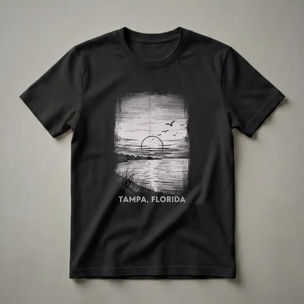 Black and white vintage graphic t-shirt featuring a drawing of a Tampa, Florida coastal sunset with birds flying and the text 'TAMPA, FLORIDA' at the bottom.