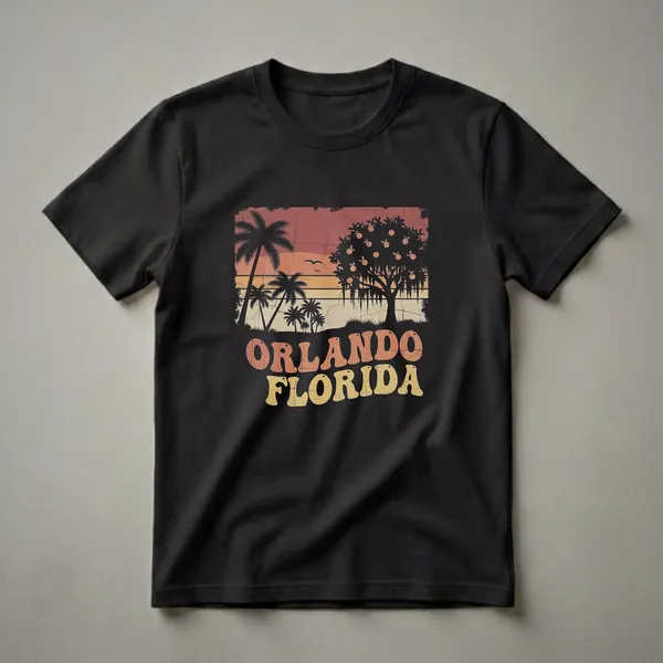 Black t-shirt with a retro graphic design featuring a sunset scene with palm trees and an orange tree, with the text 'ORLANDO FLORIDA' in distressed vintage lettering.