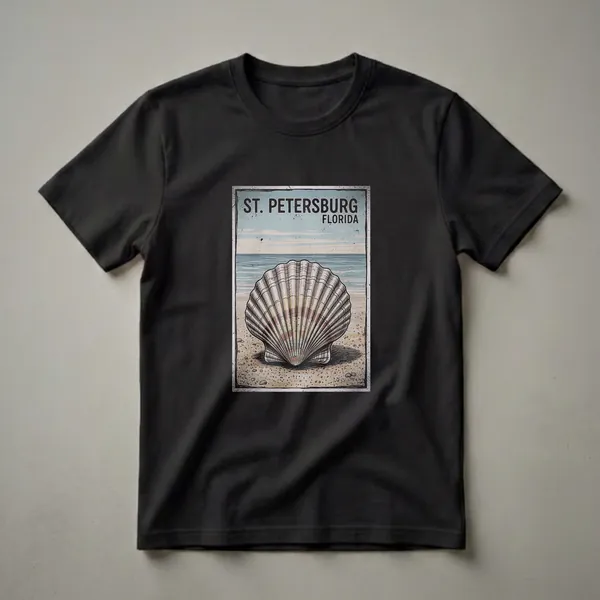 A retro graphic t-shirt featuring a large scallop shell on a sandy beach with the text 'ST. PETERSBURG FLORIDA' above, depicting the ocean and sky.