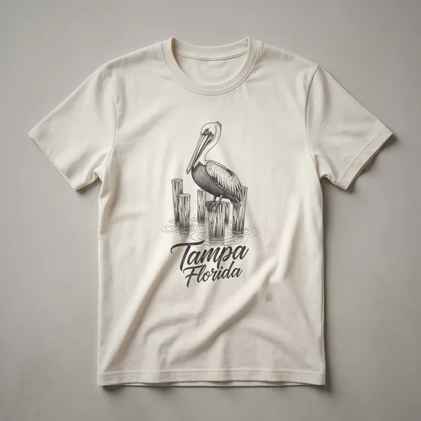 A sketch art graphic t-shirt featuring a pelican perched on wooden pilings in water, with 'Tampa Florida' written below in script.