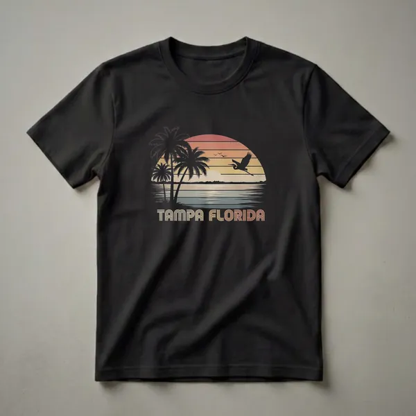 Black t-shirt featuring a retro sunset design with palm trees, a bird in flight, and the words 'Tampa Florida' in vintage lettering.
