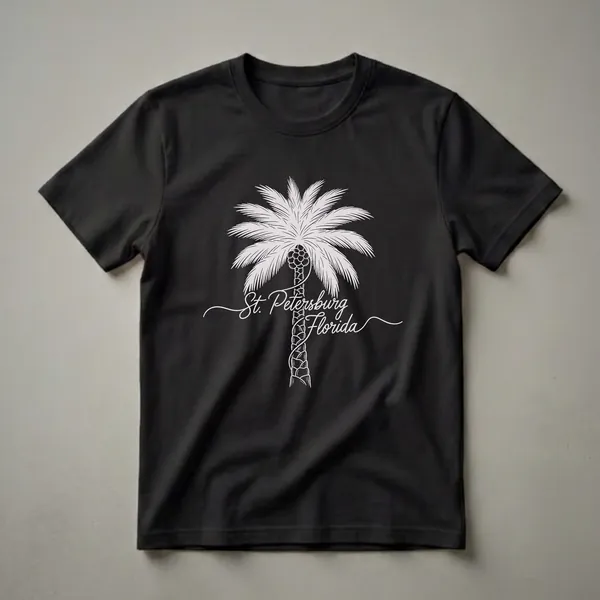 Black t-shirt with a white line drawing of a palm tree and the text 'St. Petersburg Florida' in script.