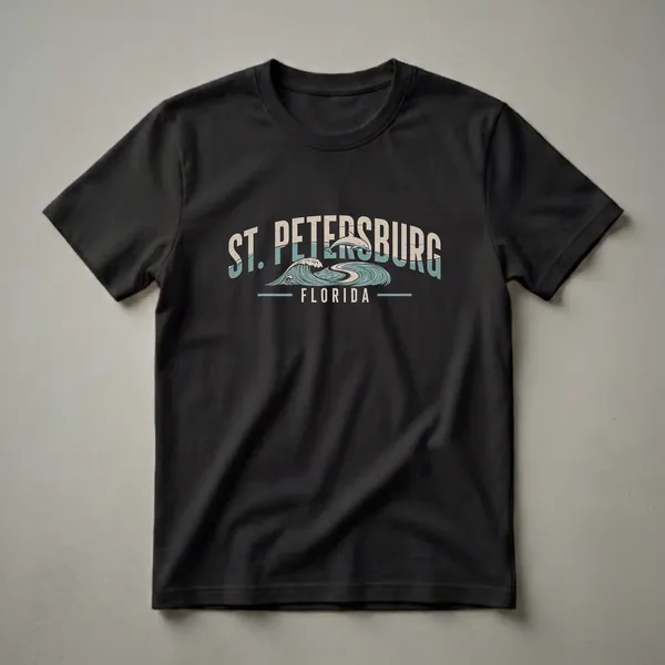 Black t-shirt with a retro graphic design featuring the words 'ST. PETERSBURG FLORIDA' above a stylized ocean wave with a leaping dolphin, in muted blue, teal, and cream colors.