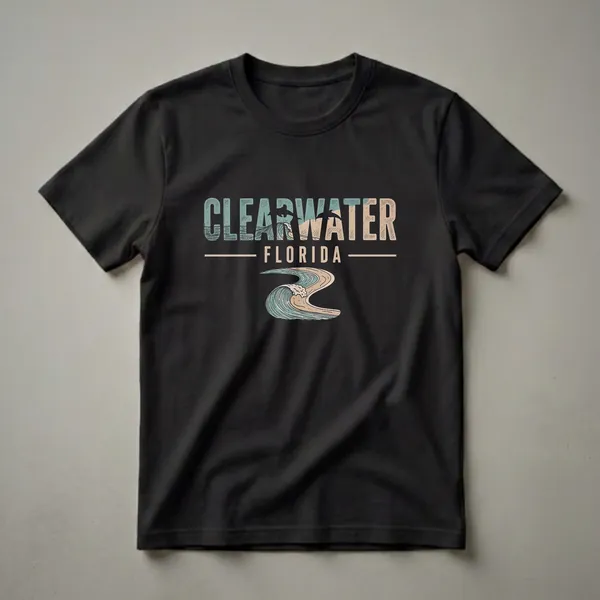 Black t-shirt with a retro graphic design that reads 'CLEARWATER FLORIDA' with stylized waves and leaping dolphins, and a large breaking wave illustration below.