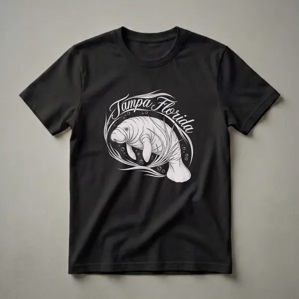 Black t-shirt with a vintage-style graphic of a manatee swimming with 'Tampa Florida' written in script above, surrounded by aquatic plants and bubbles.
