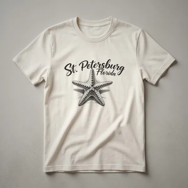 Black graphic t-shirt featuring a sketch art illustration of a starfish with 'St. Petersburg Florida' written in script above it.