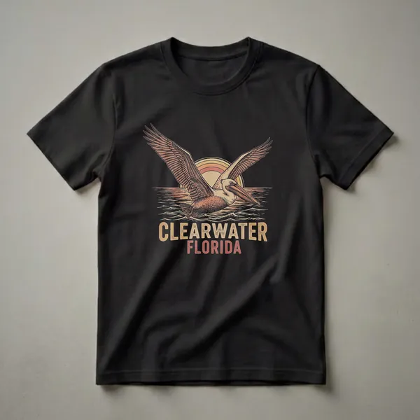 Black t-shirt featuring a retro graphic of a pelican in flight over wavy water with a multi-colored sunset behind it, and the text 'Clearwater Florida'.