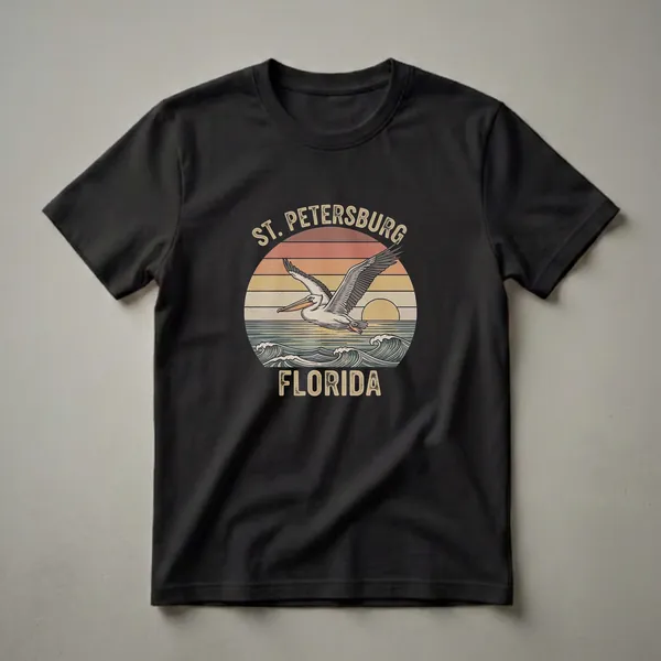 Black t-shirt with a retro graphic featuring a pelican flying over ocean waves against a striped sunset, with 'St. Petersburg' and 'Florida' text.
