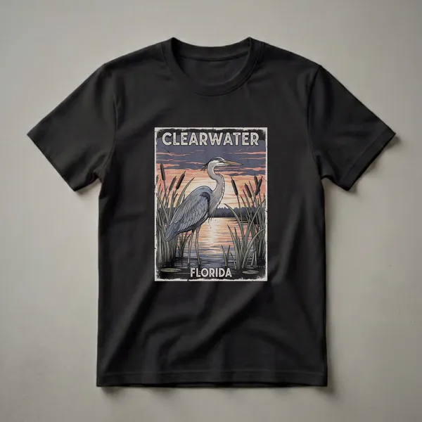 A retro graphic t-shirt design featuring a Great Blue Heron standing in marsh reeds during a colorful sunset over the water, with 'Clearwater' and 'Florida' text.