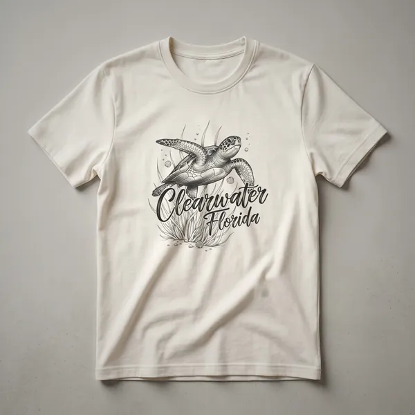 Black t-shirt featuring a line art sketch of a sea turtle swimming underwater with seaweed, shells, and bubbles, with the words 'Clearwater Florida' in script.