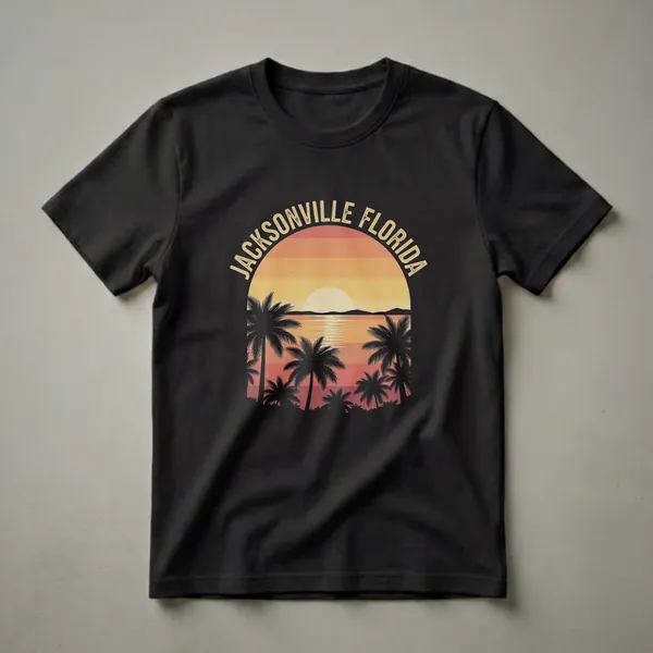 Black t-shirt with a retro graphic depicting a sunset over water with palm trees and the text Jacksonville Florida.