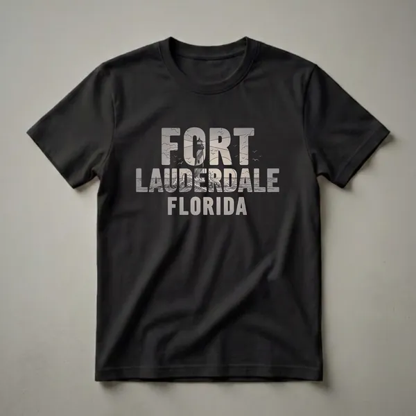 Black t-shirt with a retro graphic design that reads 'FORT LAUDERDALE FLORIDA' with integrated imagery of a lighthouse, ocean waves, and seagulls.
