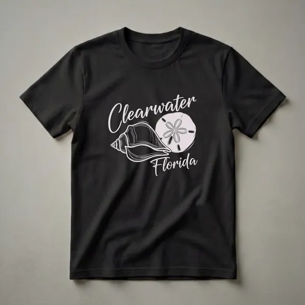 Black t-shirt with a line art drawing of a conch shell and a sand dollar, with the words 'Clearwater Florida' in script.