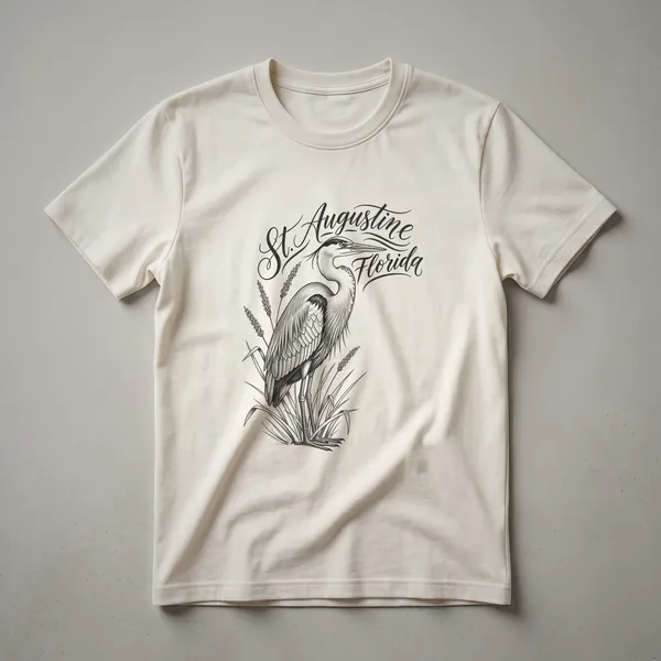 Black t-shirt with a sketch art design of a great blue heron standing in reeds, with 'St. Augustine Florida' written in script above.