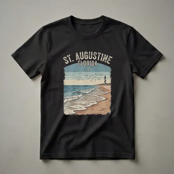 Black t-shirt with a retro graphic design of the St. Augustine Lighthouse on a beach with waves and seagulls, text reads 'ST. AUGUSTINE FLORIDA'.