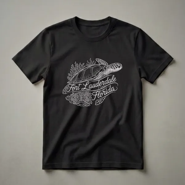Black t-shirt with a white line art design of a sea turtle swimming near coral, with the text "Fort Lauderdale Florida" in script.