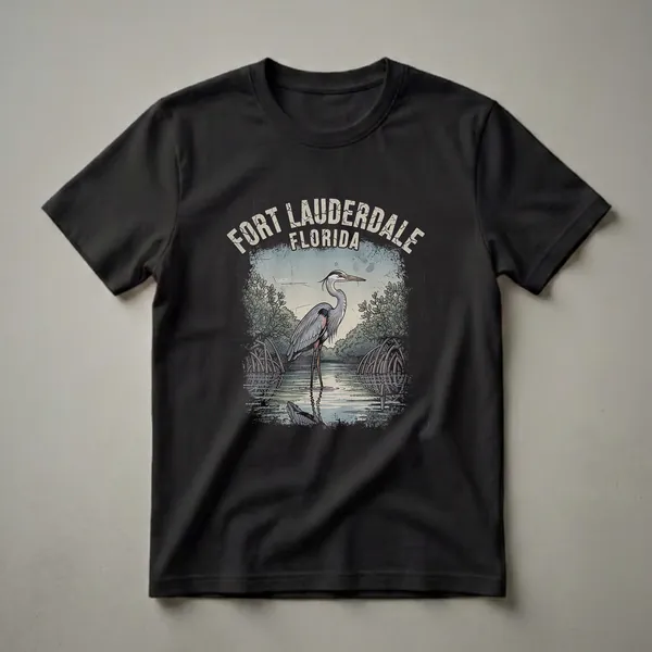 A retro graphic t-shirt design featuring a great blue heron standing in water with mangrove trees, and the text 'Fort Lauderdale Florida'.